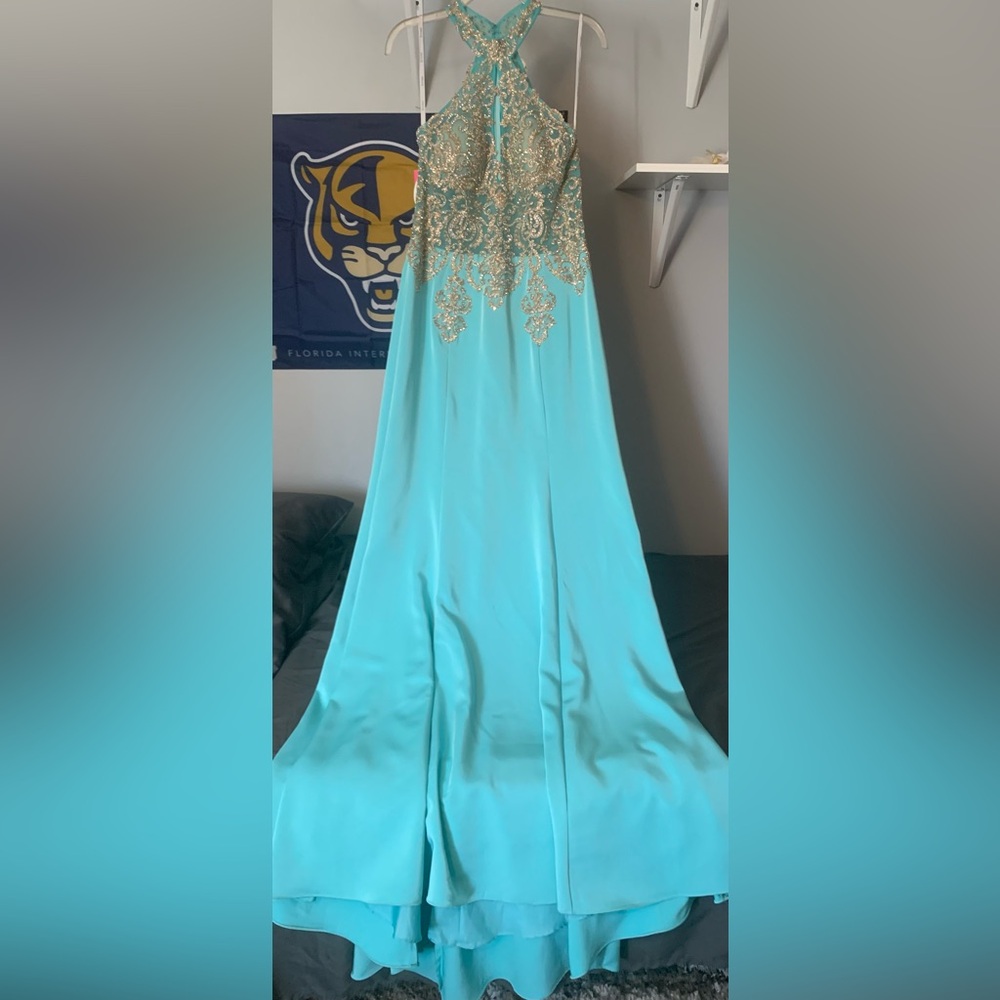 Jovani Aqua Blue Evening Gown with Gold Embellished Bodice